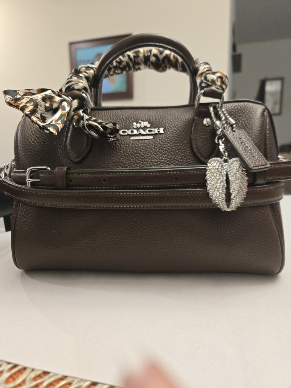 Coach Dark Brown Pebbled Leather Satchel with Scarf Accent